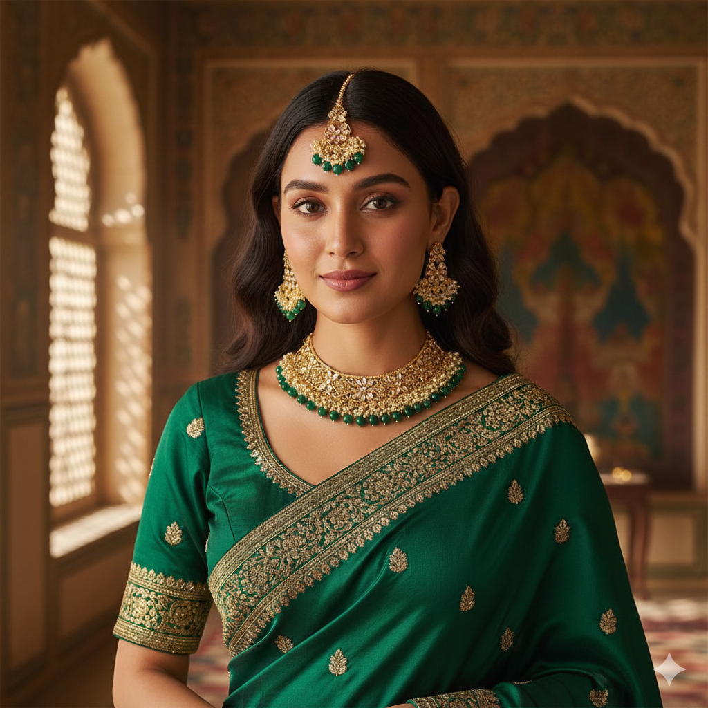 Kundan &amp; Pearl Choker Set with Green Drops