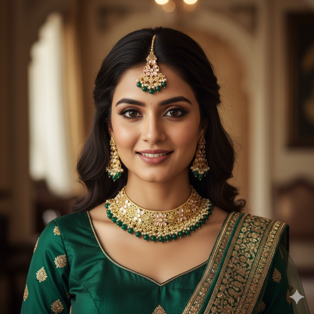 Kundan &amp; Pearl Choker Set with Green Drops