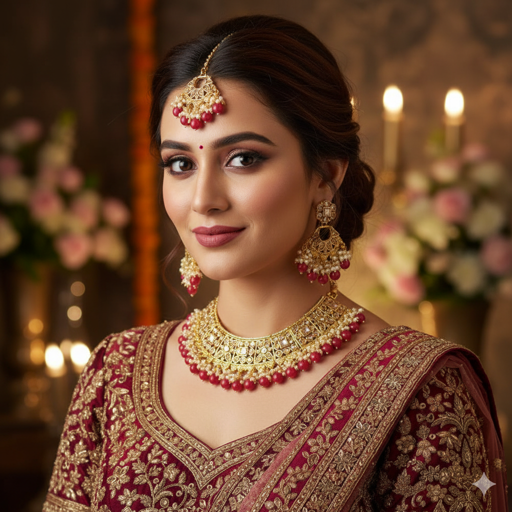 Kundan &amp; Pearl Choker Set with Red Drops