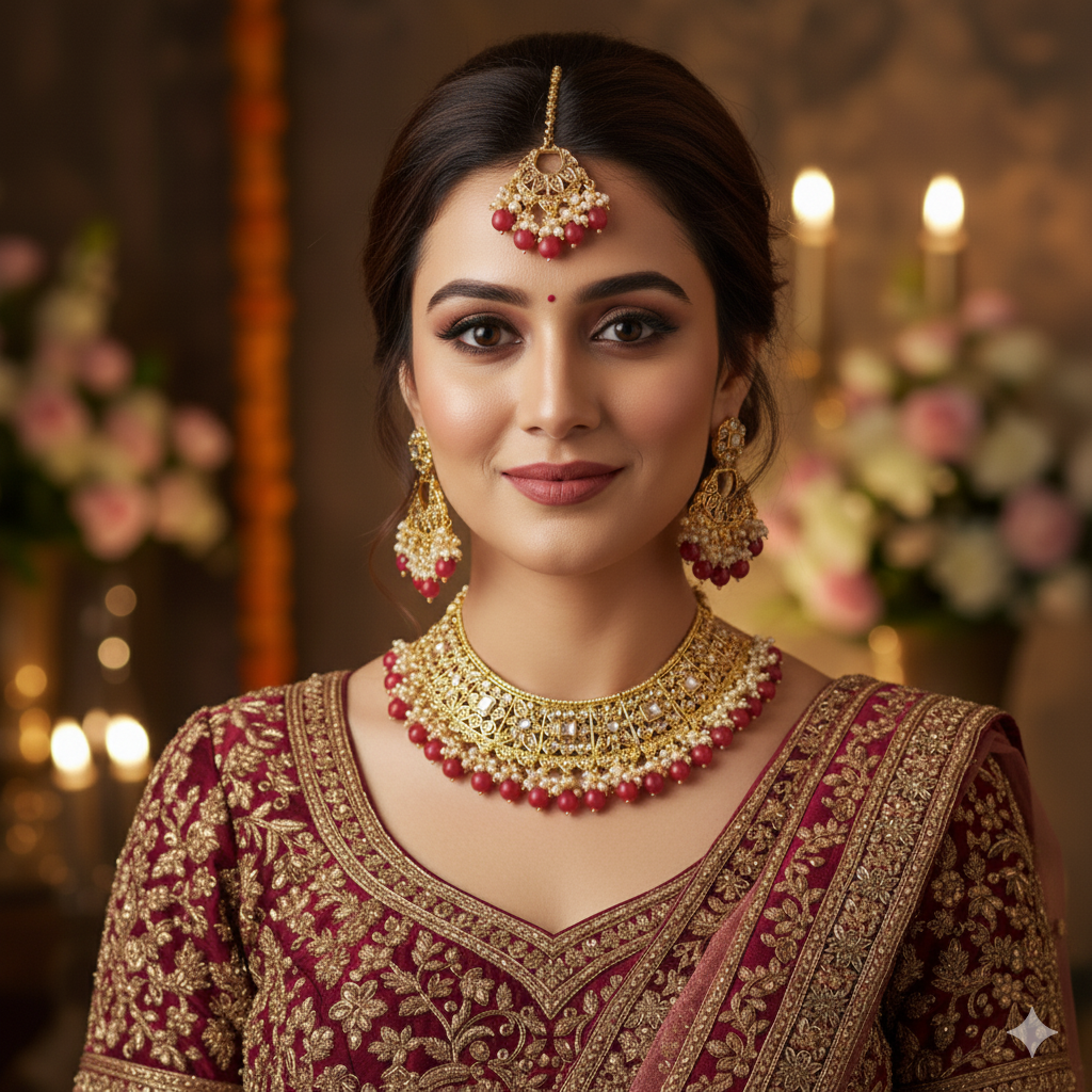 Kundan &amp; Pearl Choker Set with Red Drops