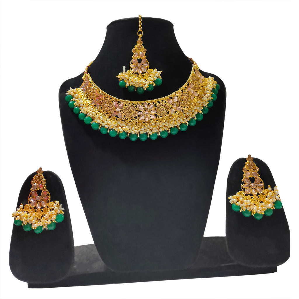 Kundan &amp; Pearl Choker Set with Green Drops