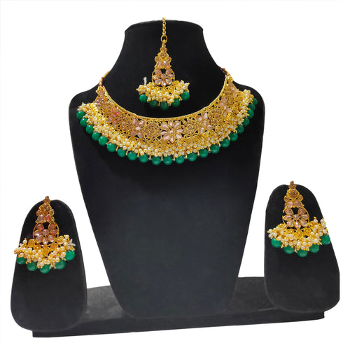 Kundan &amp; Pearl Choker Set with Green Drops