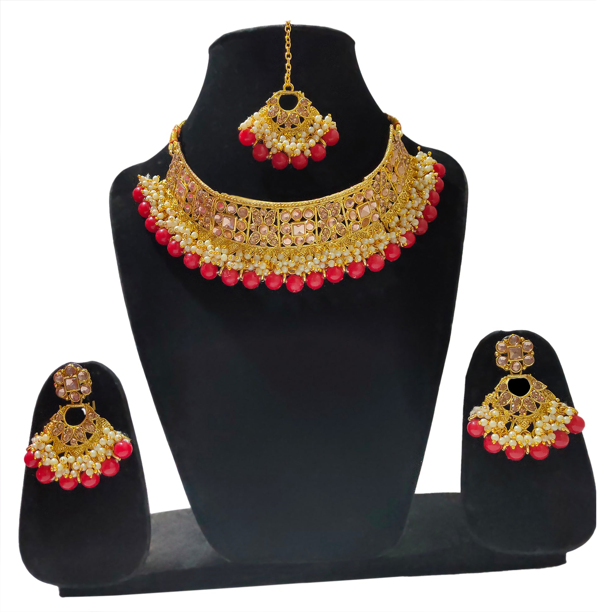 Kundan &amp; Pearl Choker Set with Red Drops